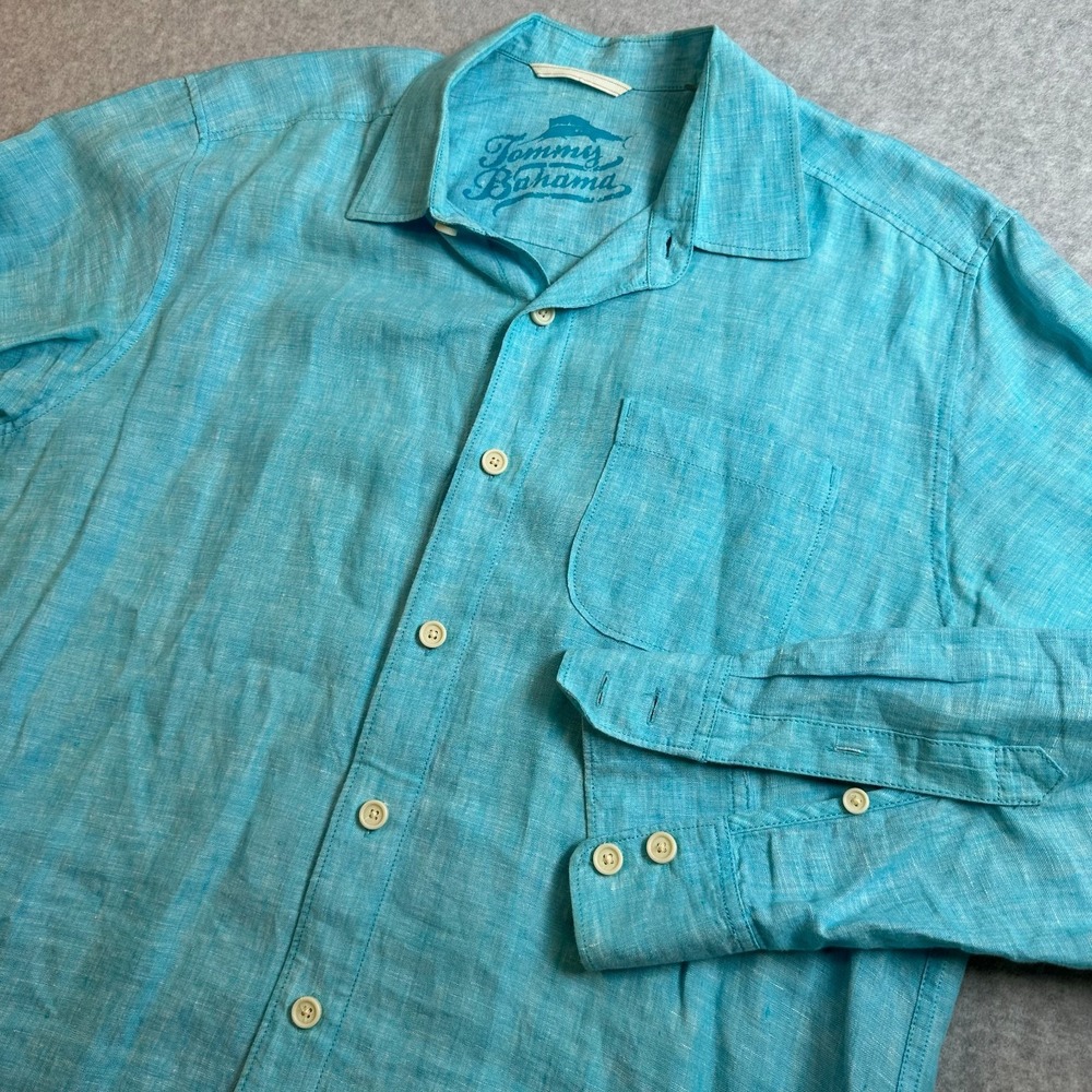 Tommy Bahama Relax 100% Linen Button Up Long Sleeve Shirt Aqua Blue Mens Medium